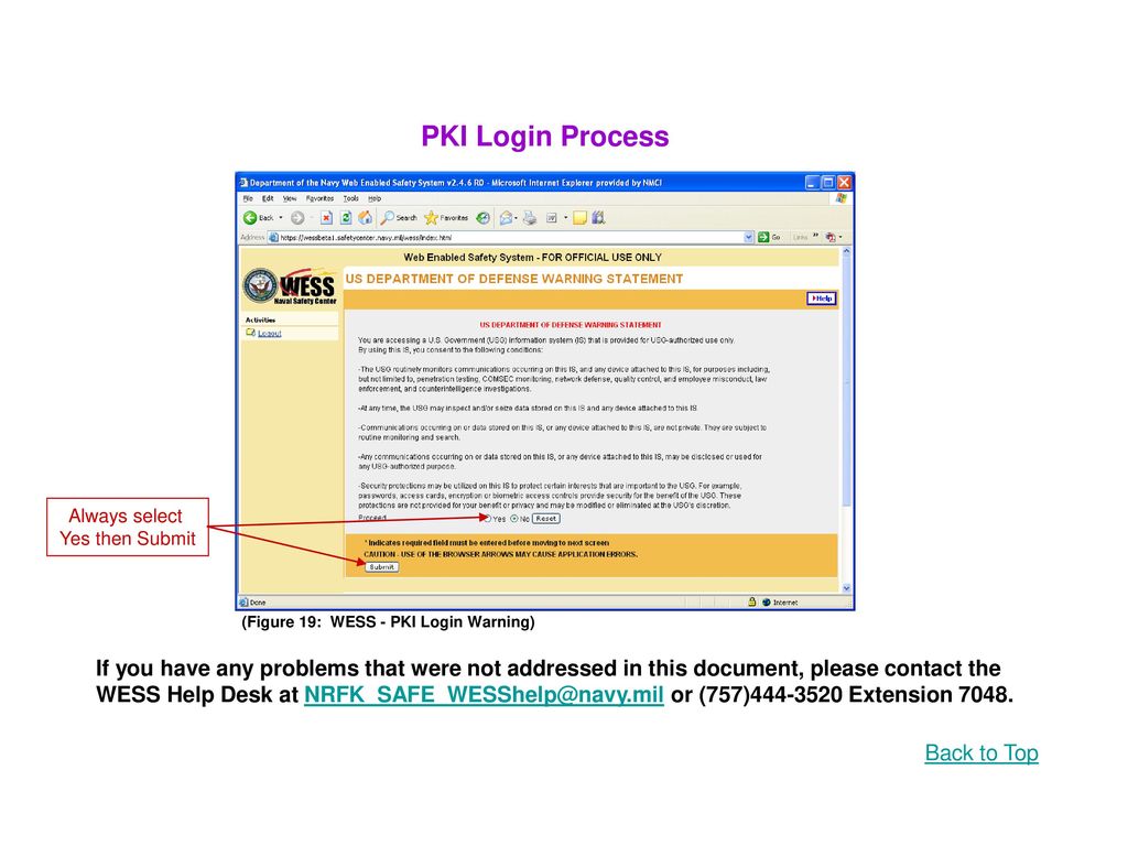 PKI Login Process Always select. Yes then Submit. (Figure 19: WESS - PKI Login Warning)