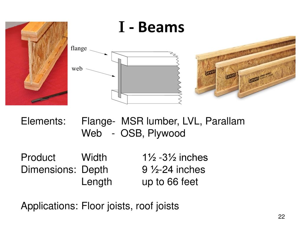 I - Beams Elements: Flange- MSR lumber, LVL, Parallam Web - OSB, Plywood. 