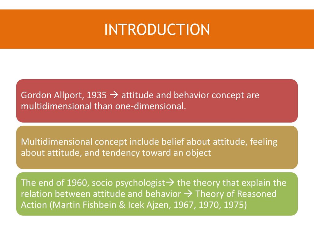 INTRODUCTION Gordon Allport, 1935  attitude and behavior concept are multidimensional than one-dimensional.