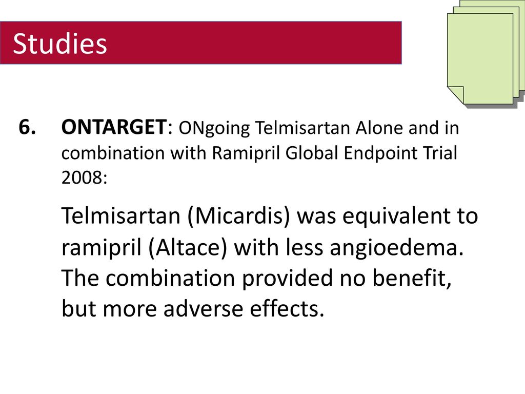 Studies ONTARGET: ONgoing Telmisartan Alone and in combination with Ramipril Global Endpoint Trial 2008: