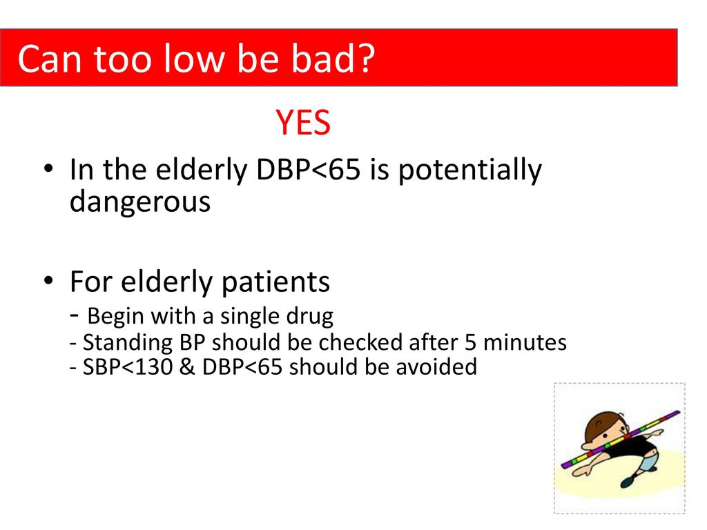 Can too low be bad YES. In the elderly DBP<65 is potentially dangerous.