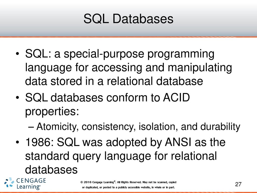 SQL Databases SQL: a special-purpose programming language for accessing and manipulating data stored in a relational database.