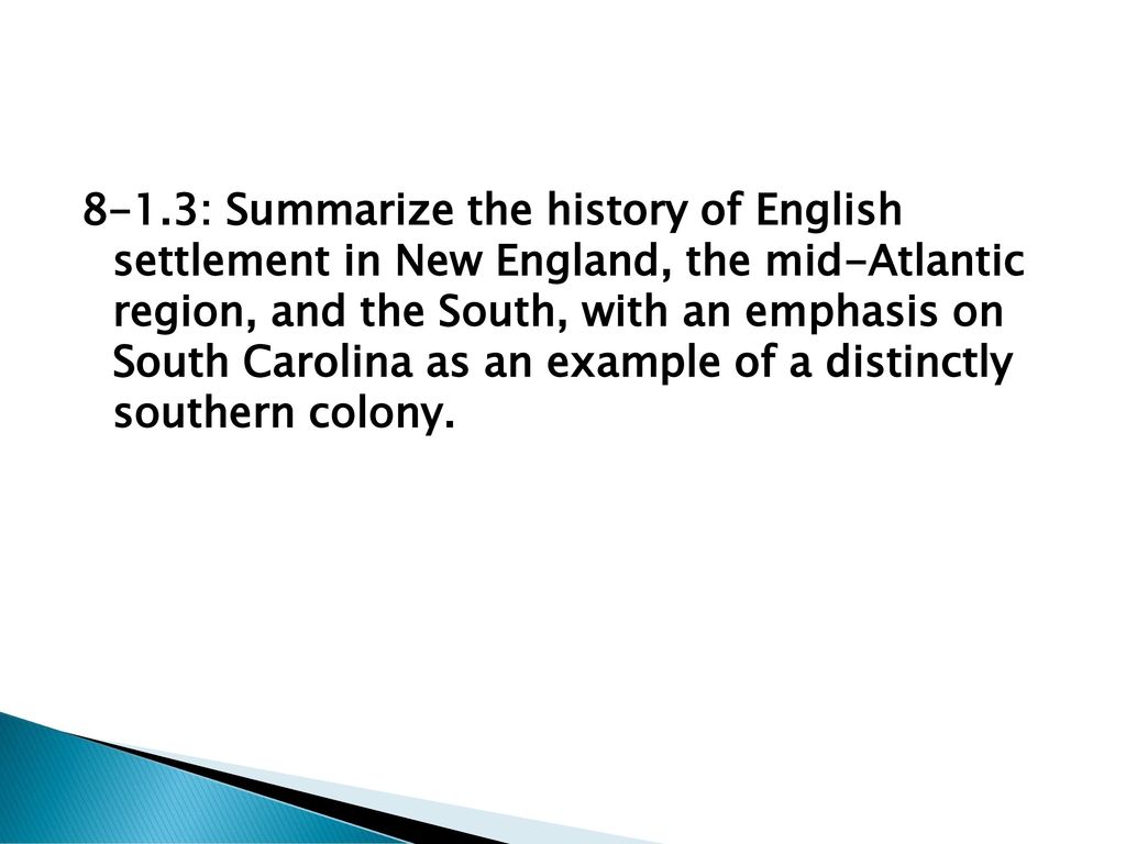 8-1.3: Summarize the history of English settlement in New England, the mid-Atlantic region, and the South, with an emphasis on South Carolina as an example of a distinctly southern colony.