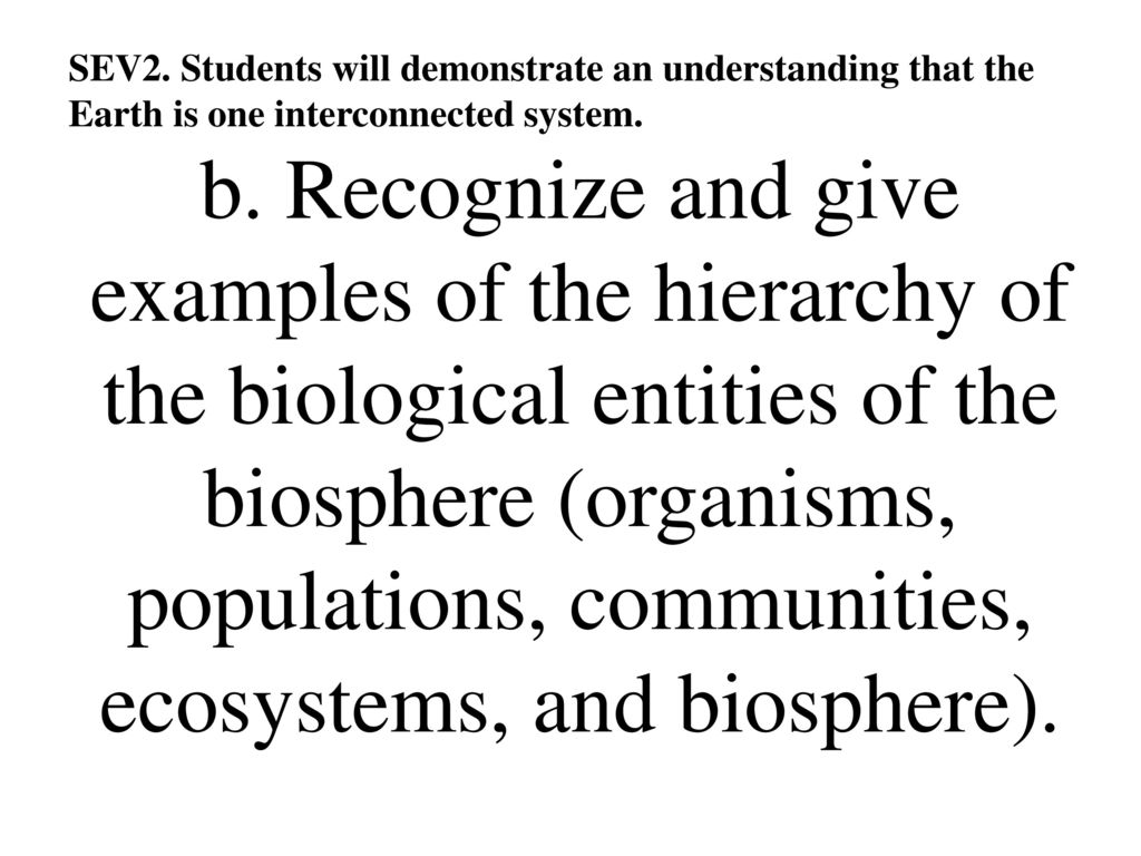 SEV2. Students will demonstrate an understanding that the Earth is one interconnected system.
