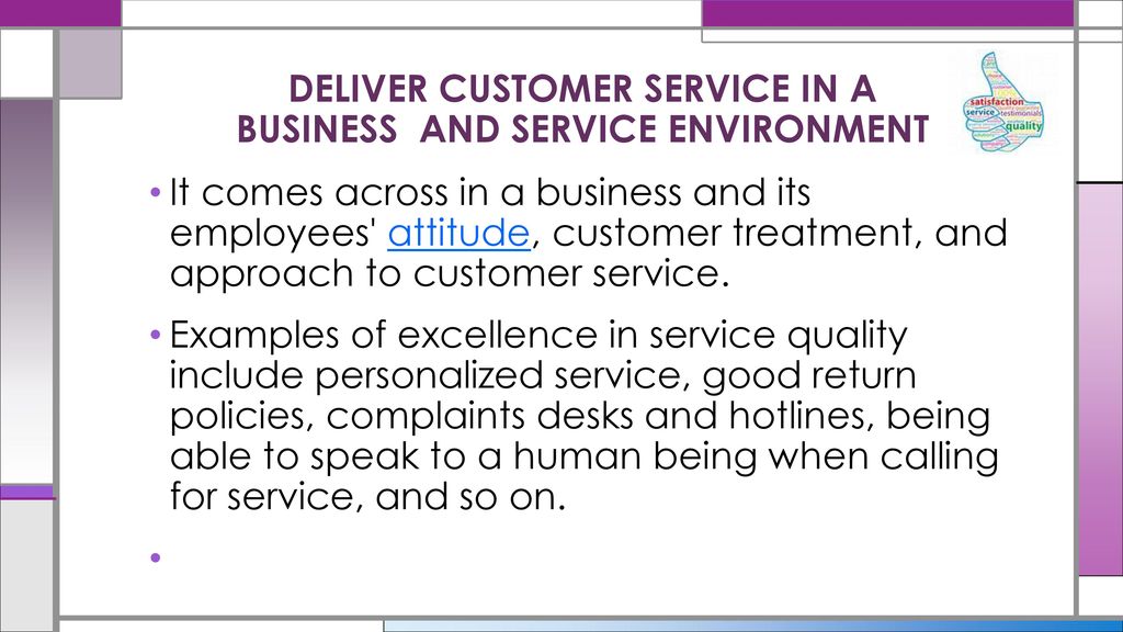 DELIVER CUSTOMER SERVICE IN A BUSINESS AND SERVICE ENVIRONMENT