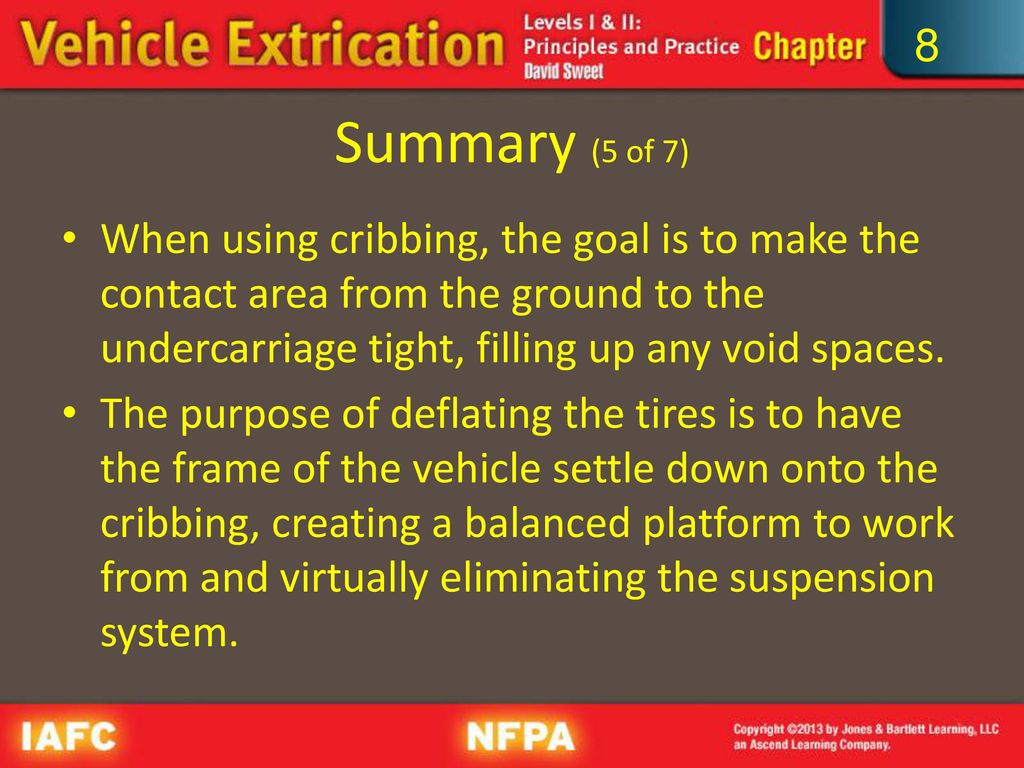 Summary (5 of 7) When using cribbing, the goal is to make the contact area from the ground to the undercarriage tight, filling up any void spaces.