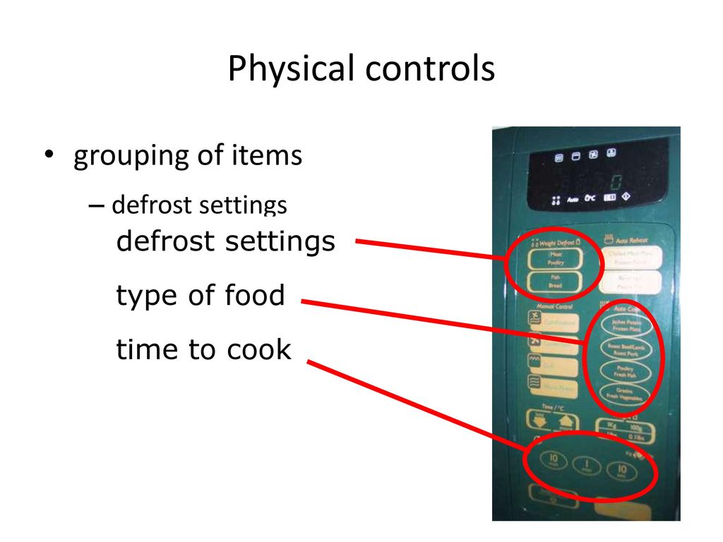 Physical controls grouping of items defrost settings type of food