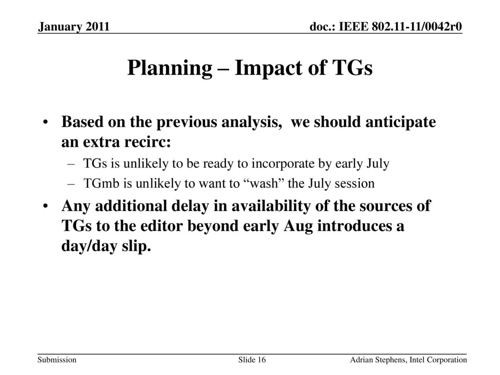 Planning – Impact of TGs