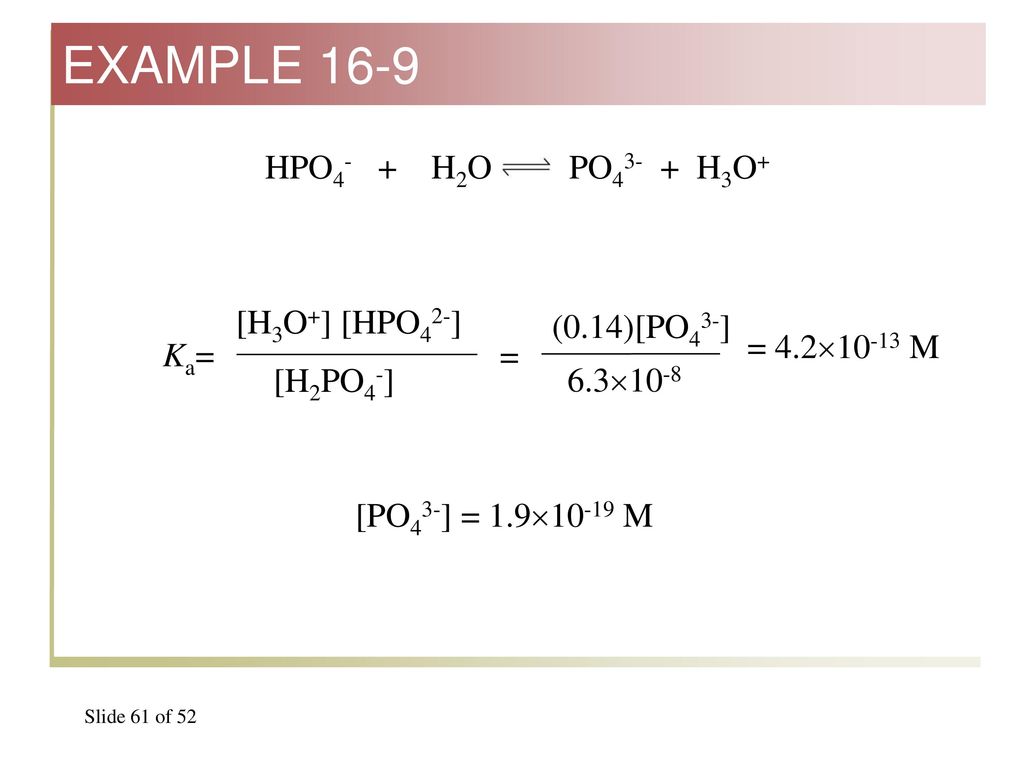 EXAMPLE 16-9 HPO4- + H2O PO43- + H3O+ [H3O+] [HPO42-] (0.14)[PO43-]