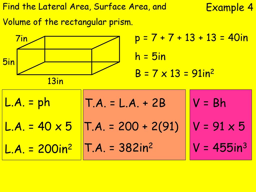 L.A. = ph T.A. = L.A. + 2B V = Bh L.A. = 40 x 5 T.A. = (91)