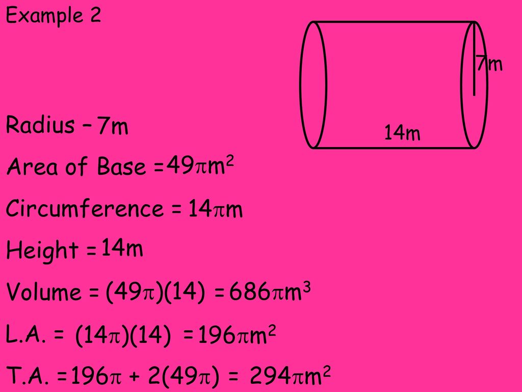 Radius – Area of Base = Circumference = Height = Volume = = L.A. = =