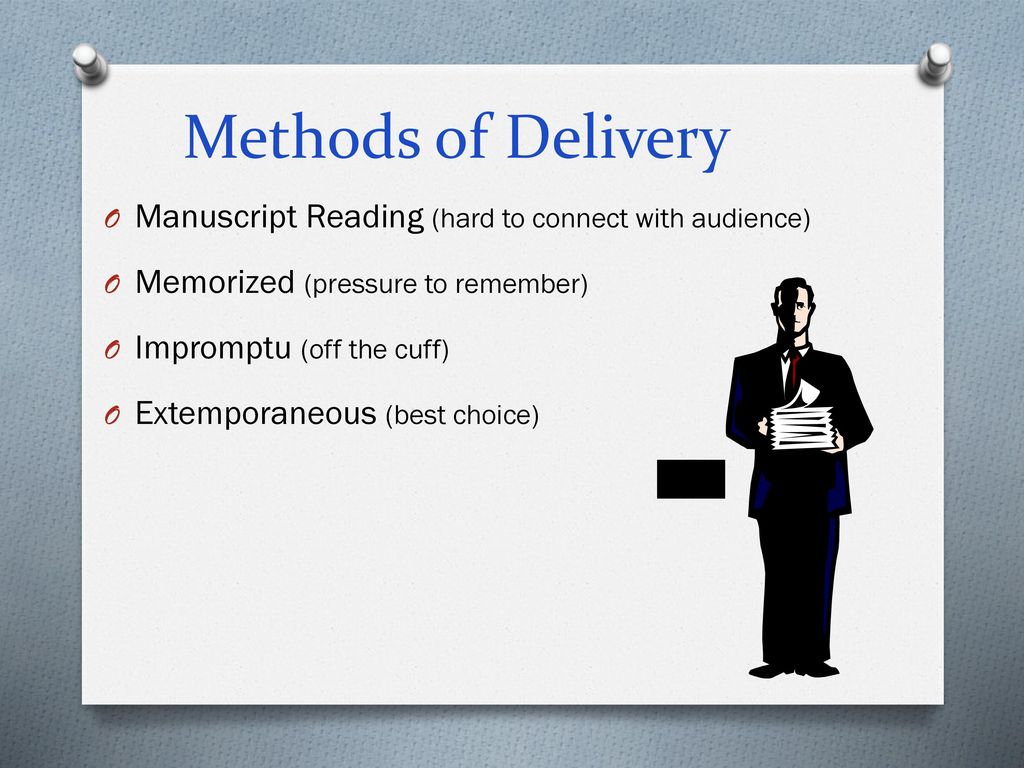 Methods of Delivery Manuscript Reading (hard to connect with audience)