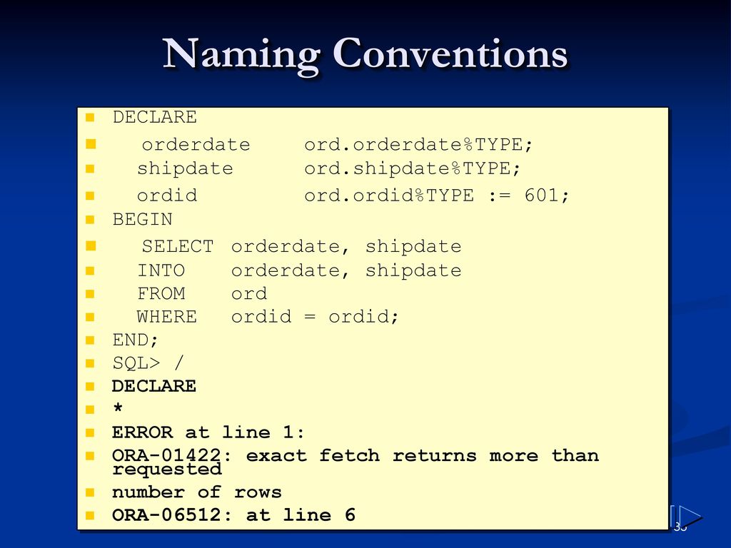 Naming Conventions orderdate ord.orderdate%TYPE;