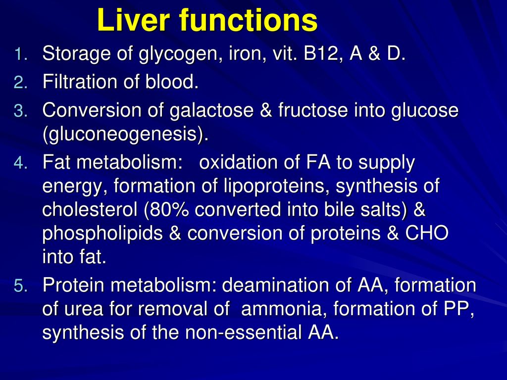 Liver functions Storage of glycogen, iron, vit. B12, A & D.