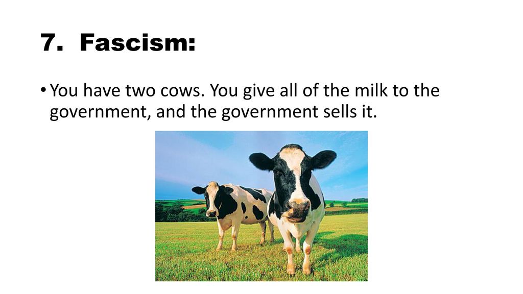 7. Fascism: You have two cows.