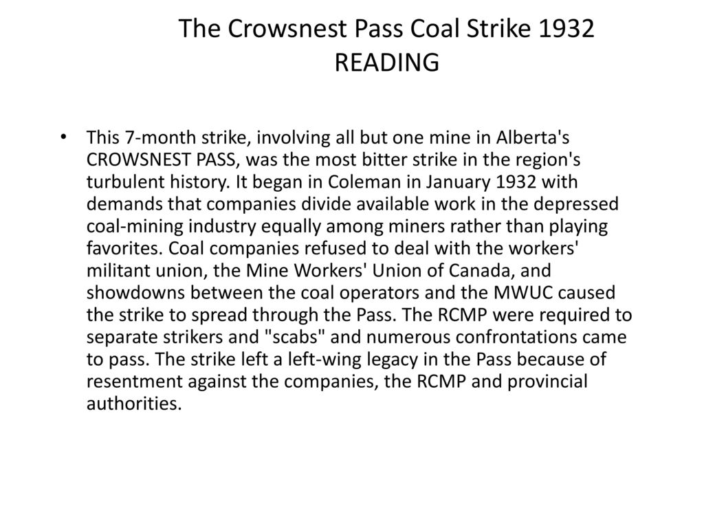 The Crowsnest Pass Coal Strike 1932 READING