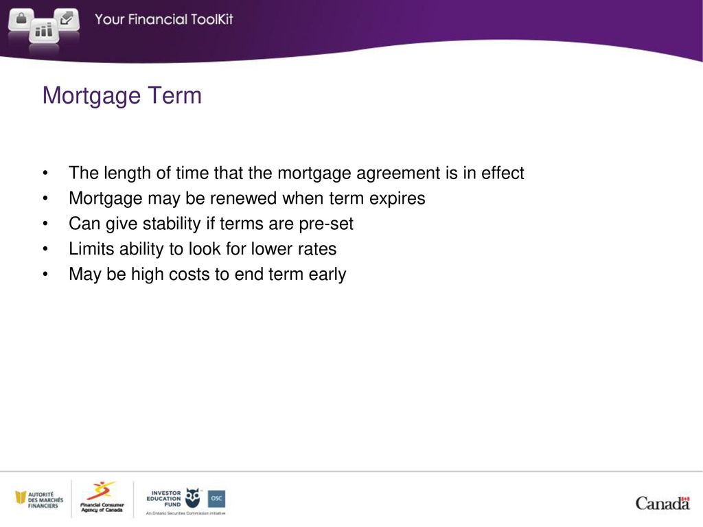 Mortgage Term The length of time that the mortgage agreement is in effect. Mortgage may be renewed when term expires.