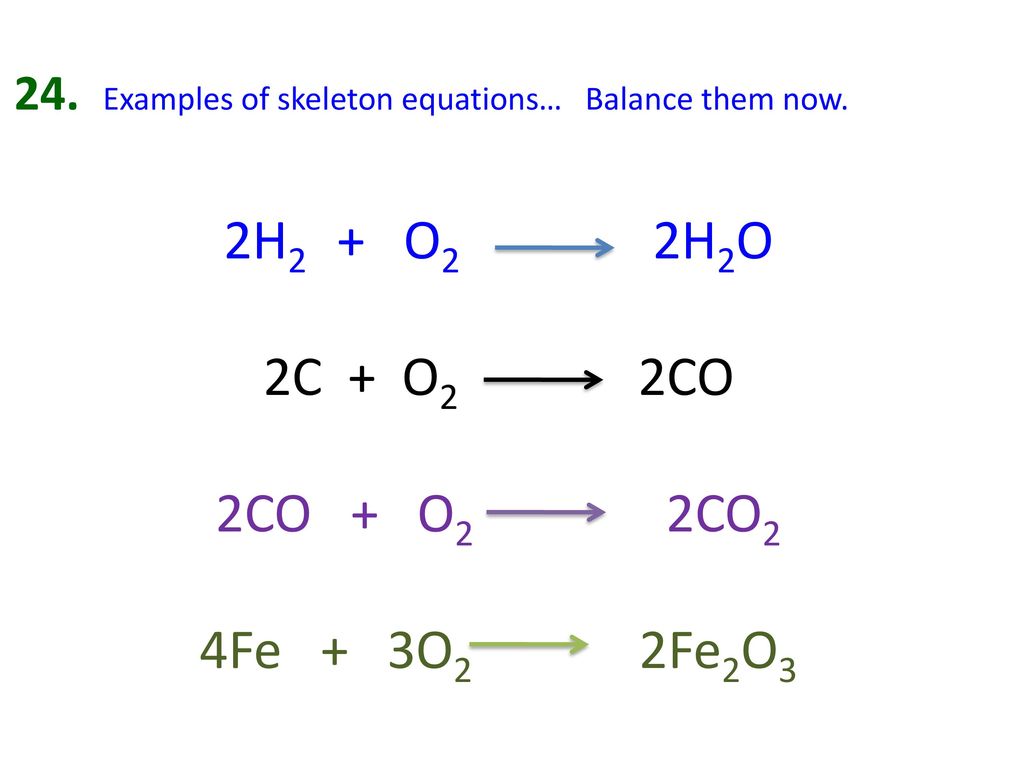 2H2 + O2 2H2O 2C + O2 2CO 2CO + O2 2CO2 4Fe + 3O2 2Fe2O3