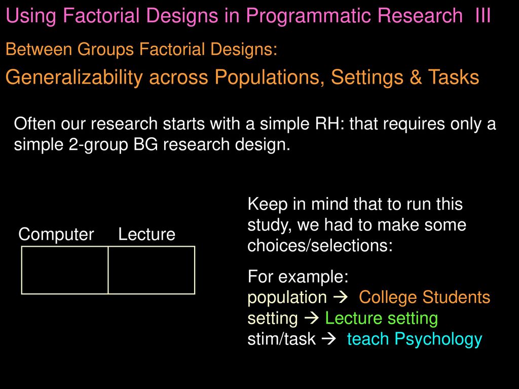 Using Factorial Designs in Programmatic Research III