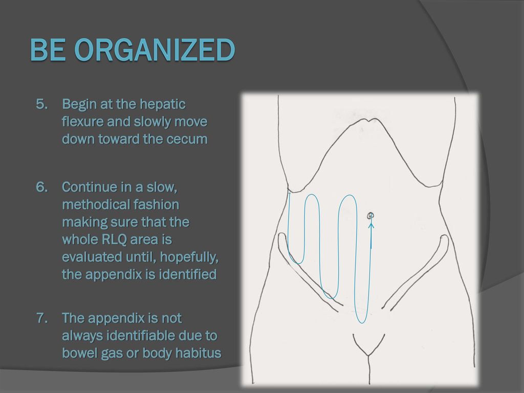 Be organized Begin at the hepatic flexure and slowly move down toward the cecum.