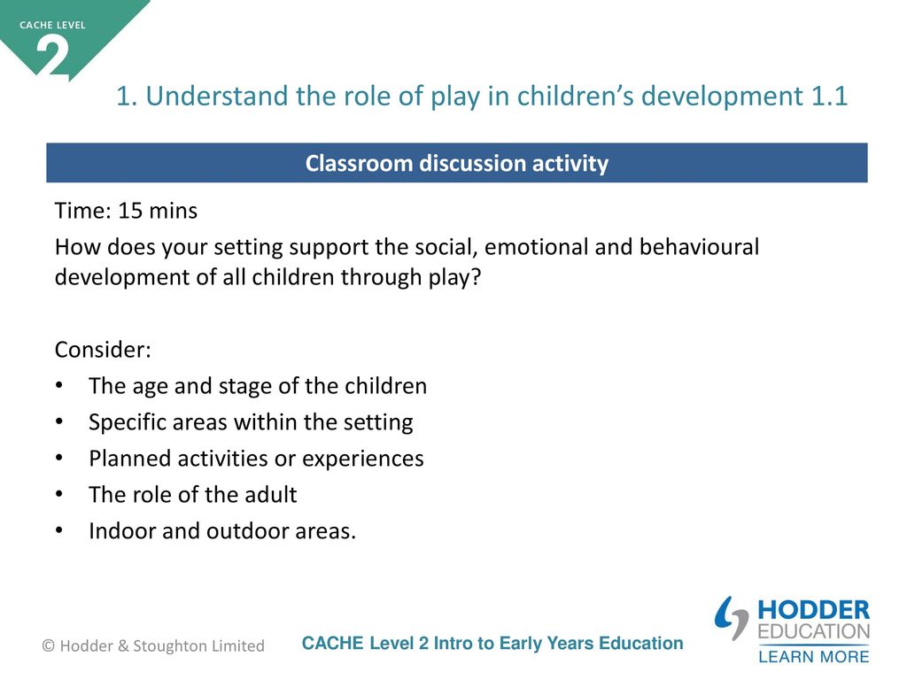 1. Understand the role of play in children’s development 1.1