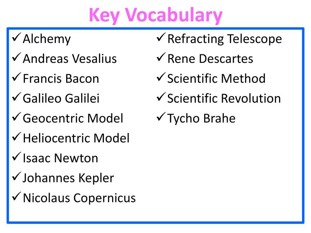 Key Vocabulary Alchemy Refracting Telescope Andreas Vesalius
