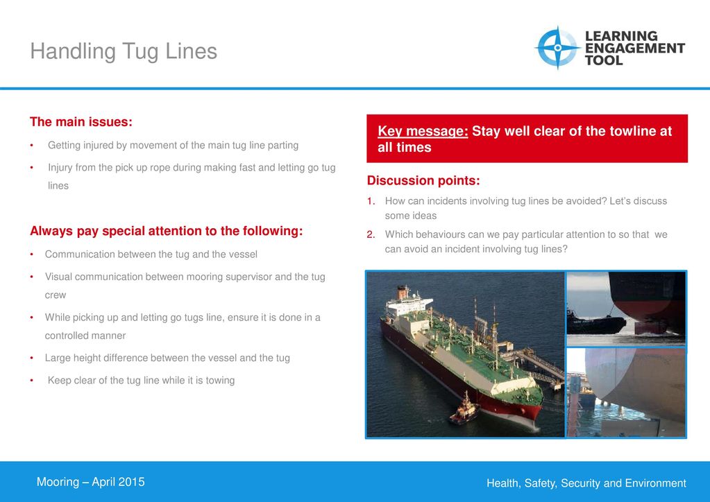 Handling Tug Lines The main issues: Getting injured by movement of the main tug line parting.