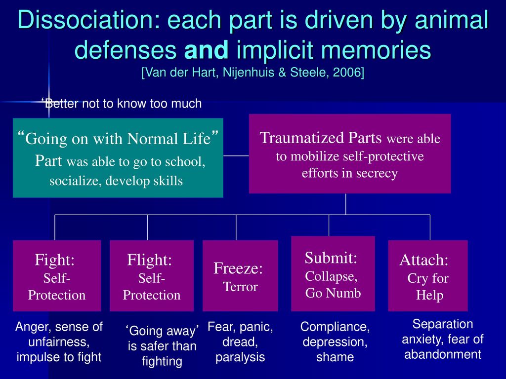 Dissociation: each part is driven by animal defenses and implicit memories [Van der Hart, Nijenhuis & Steele, 2006]