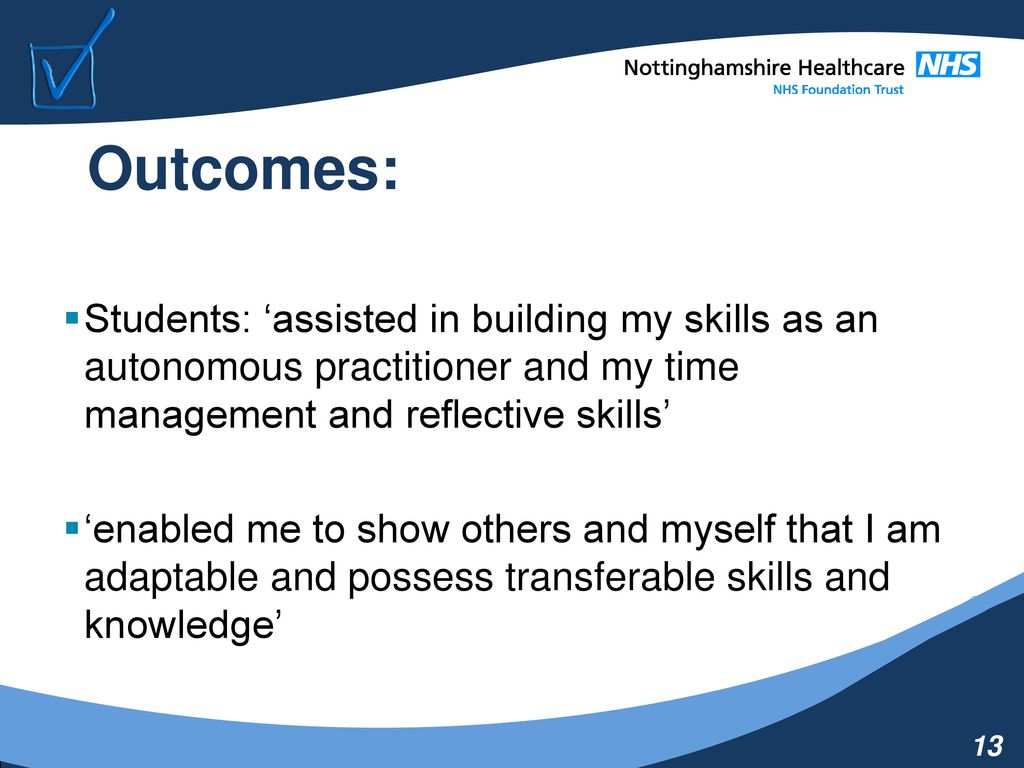 Outcomes: Students: ‘assisted in building my skills as an autonomous practitioner and my time management and reflective skills’