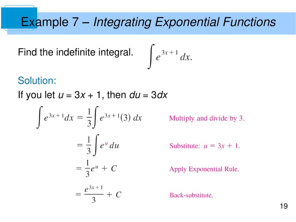Integration: indefinite integrals. Exponential functions example. Integral examples. Exponential function solution.