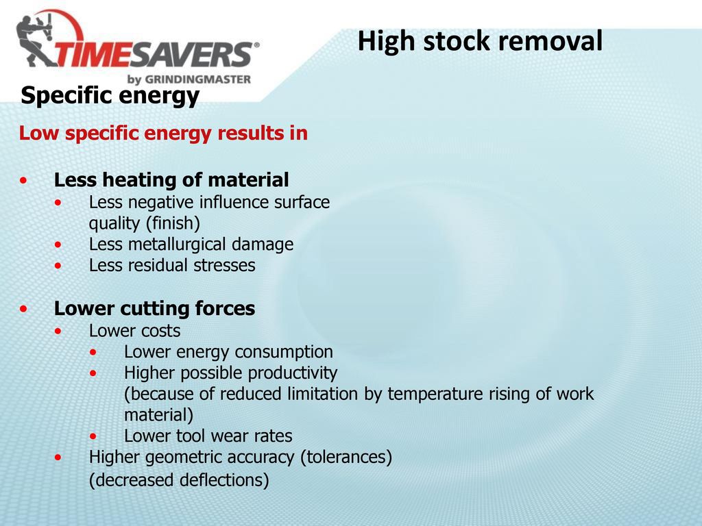 High stock removal Specific energy Low specific energy results in