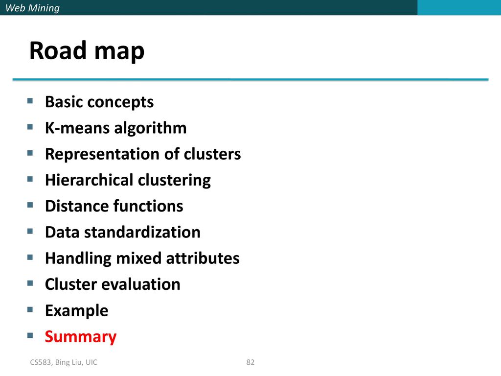 Road map Basic concepts K-means algorithm Representation of clusters