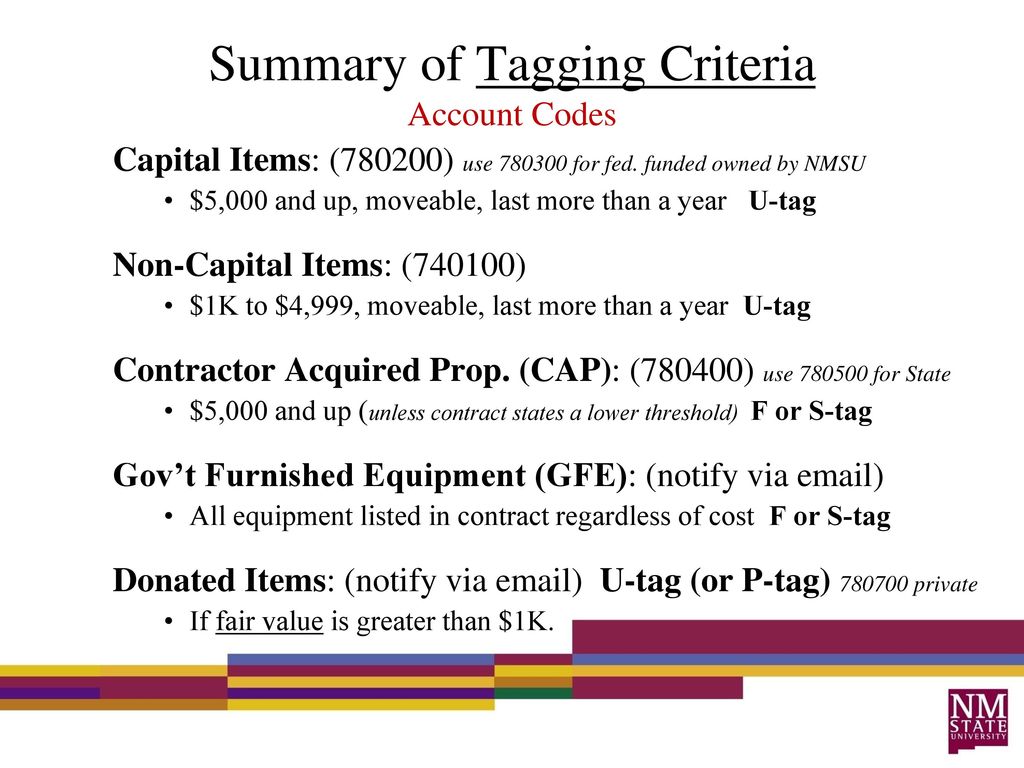 Summary of Tagging Criteria Account Codes