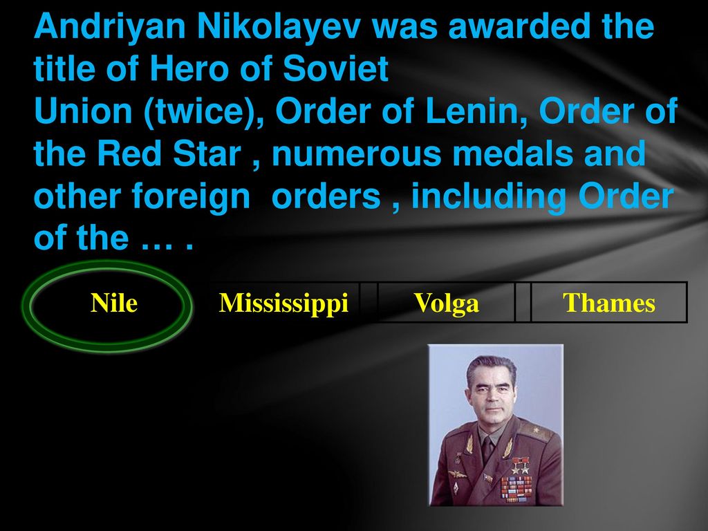 Andriyan Nikolayev was awarded the title of Hero of Soviet Union (twice), Order of Lenin, Order of the Red Star , numerous medals and other foreign orders , including Order of the … .