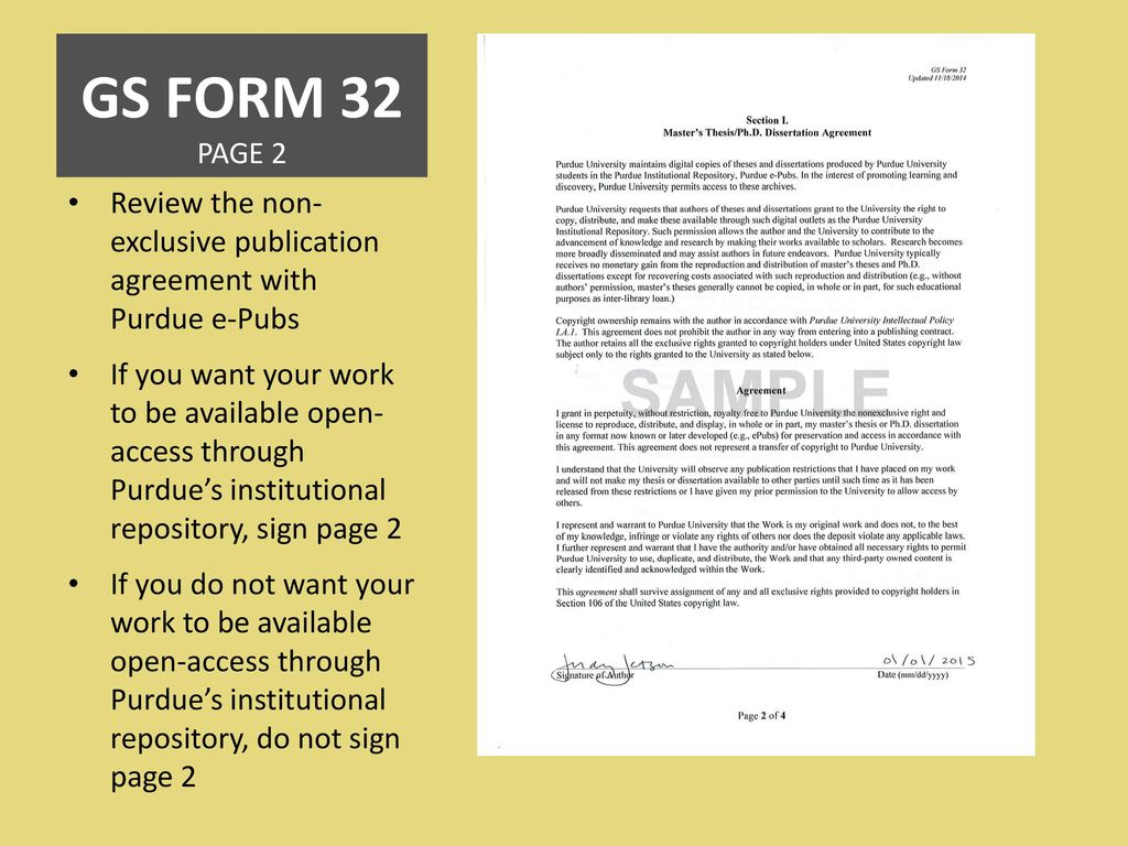 GS FORM 32 PAGE 2 Review the non- exclusive publication agreement with Purdue e-Pubs.