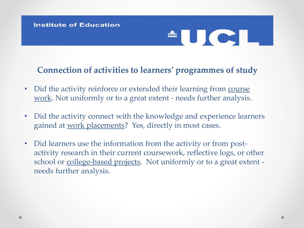 Connection of activities to learners’ programmes of study