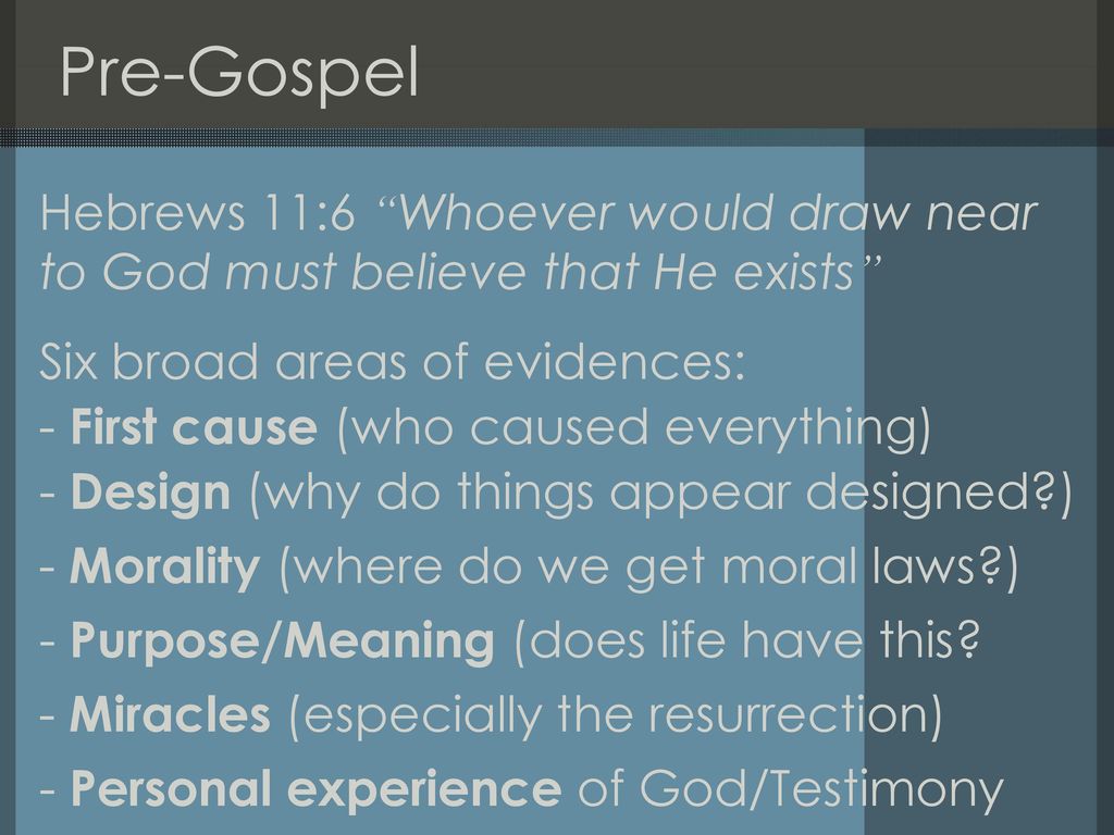 Pre-Gospel Hebrews 11:6 Whoever would draw near to God must believe that He exists Six broad areas of evidences:
