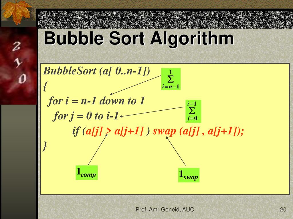 Bubble Sort Algorithm BubbleSort (a[ 0..n-1]) { for i = n-1 down to 1