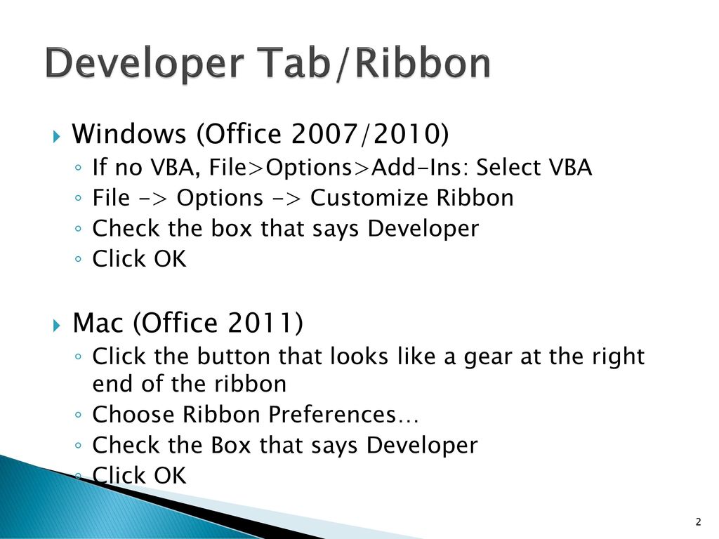 excel for mac 2011 developer tab