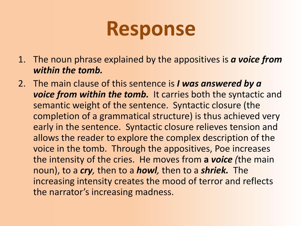 Response The noun phrase explained by the appositives is a voice from within the tomb.