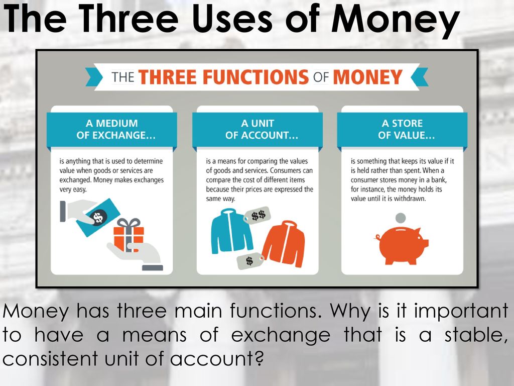 The Three Uses of Money Money has three main functions. 