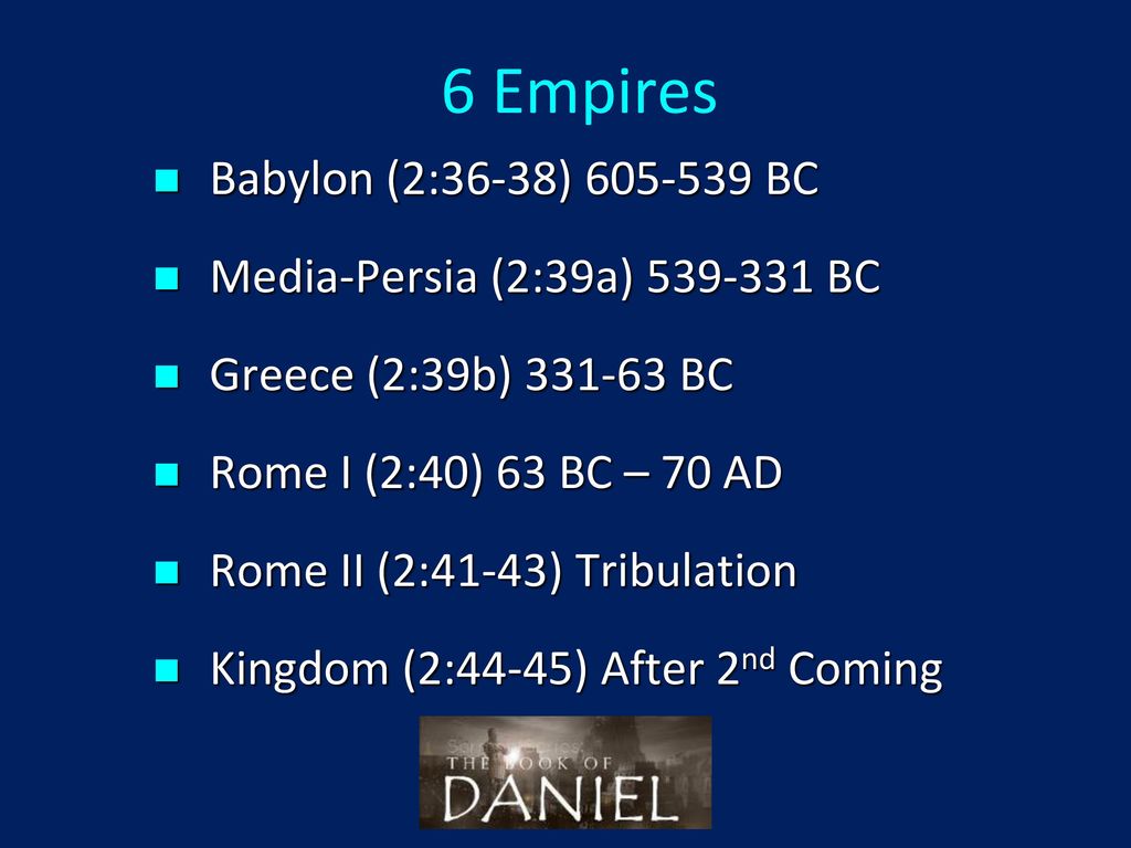6 Empires Babylon (2:36-38) BC Media-Persia (2:39a) BC