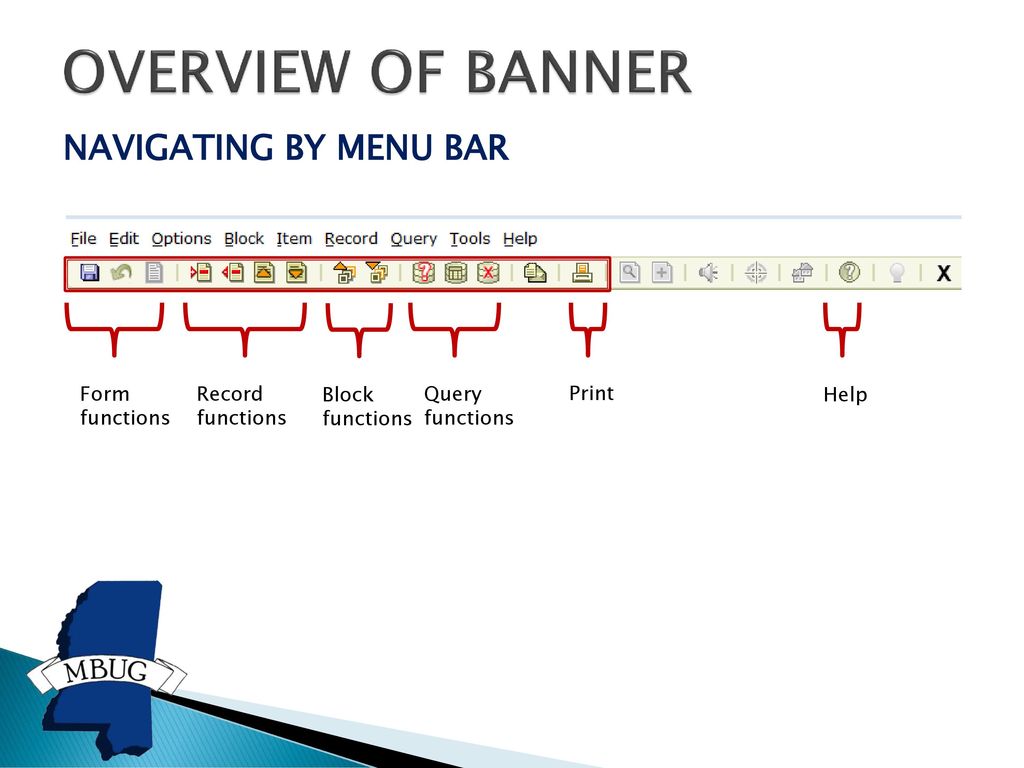 OVERVIEW OF BANNER NAVIGATING BY MENU BAR Form functions Record