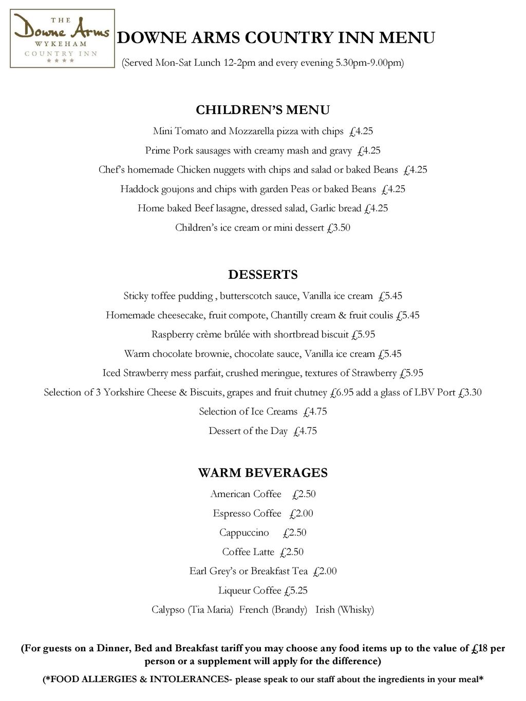 DOWNE ARMS COUNTRY INN MENU - ppt download