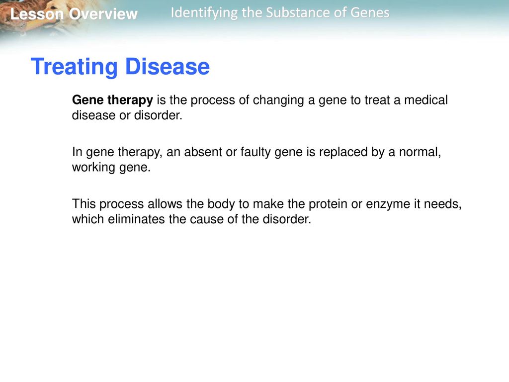 Treating Disease Gene therapy is the process of changing a gene to treat a medical disease or disorder.