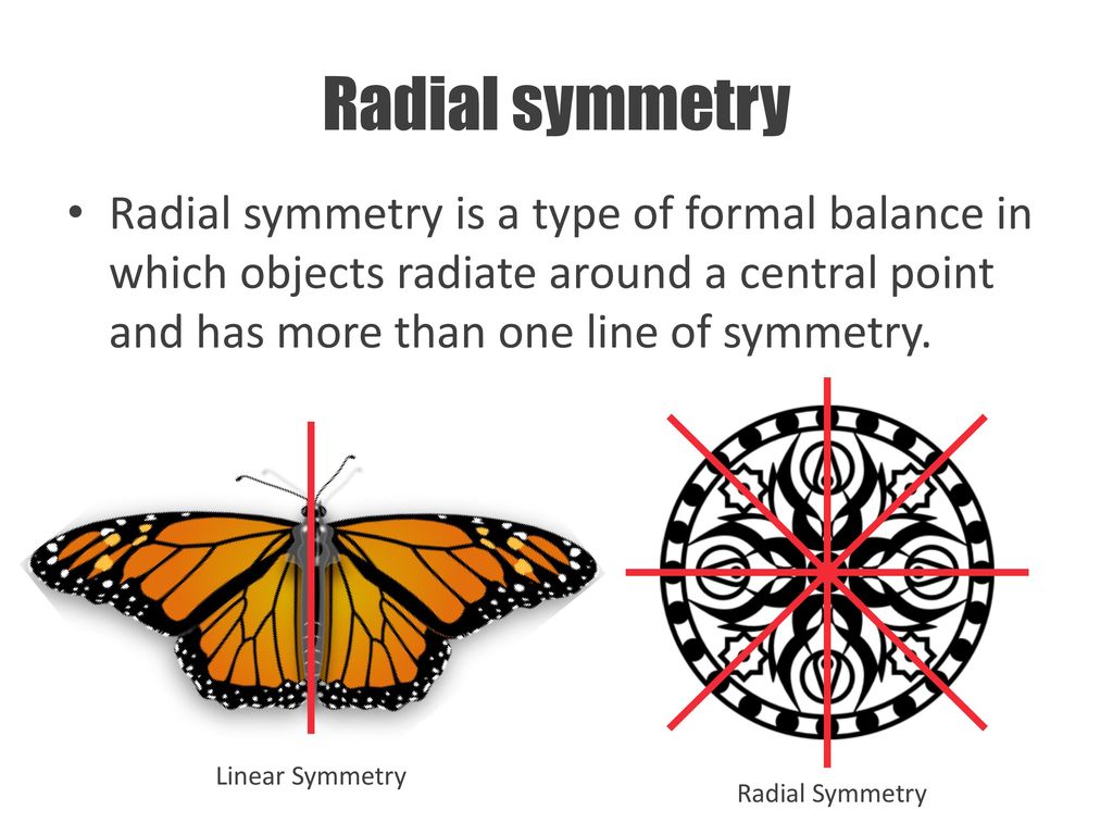 Radial symmetry Radial symmetry is a type of formal balance in which objects radiate around a central point and has more than one line of symmetry.