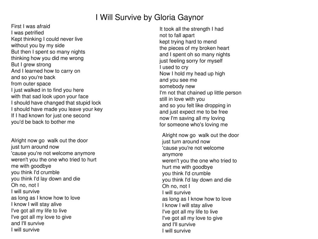 Песня глории я буду жить. I will Survive текст. I will Survive текст на английском. Gloria Gaynor i will Survive текст.