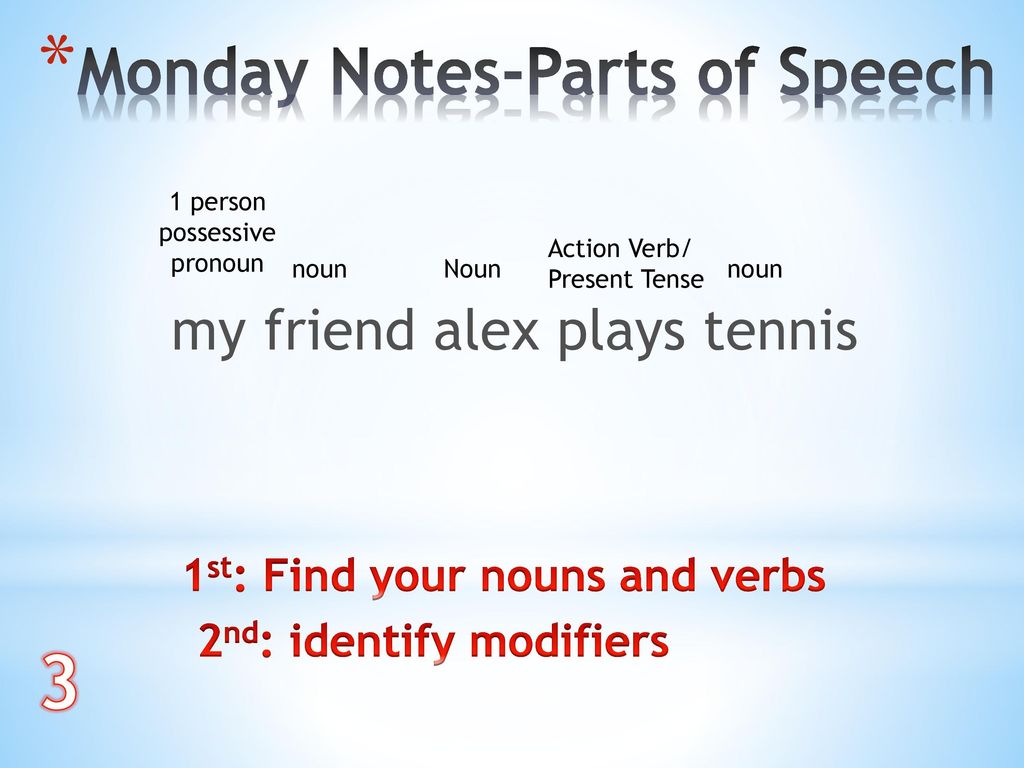 1st: Find your nouns and verbs 2nd: identify modifiers