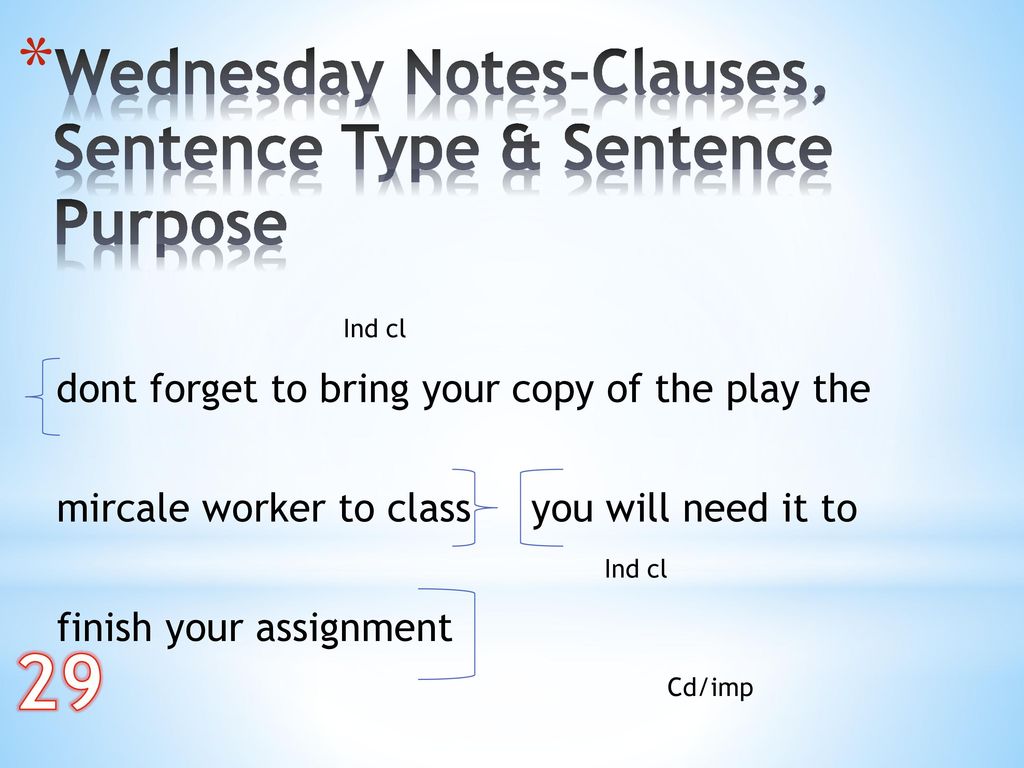 29 Wednesday Notes-Clauses, Sentence Type & Sentence Purpose