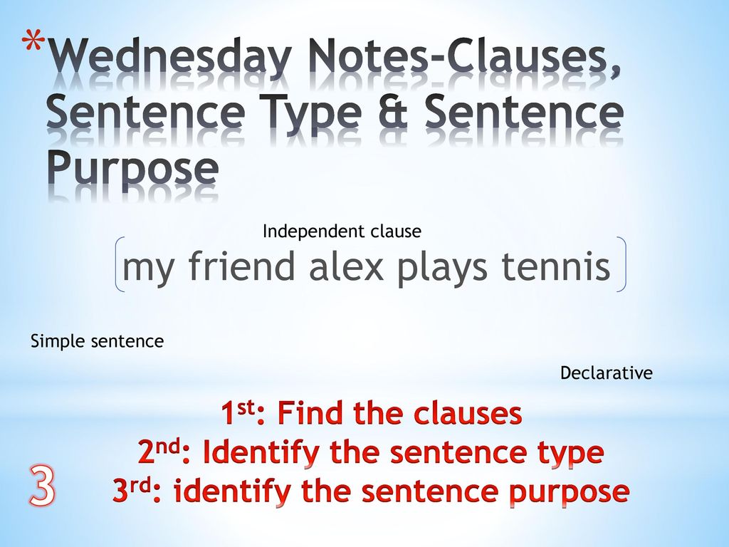 2nd: Identify the sentence type 3rd: identify the sentence purpose